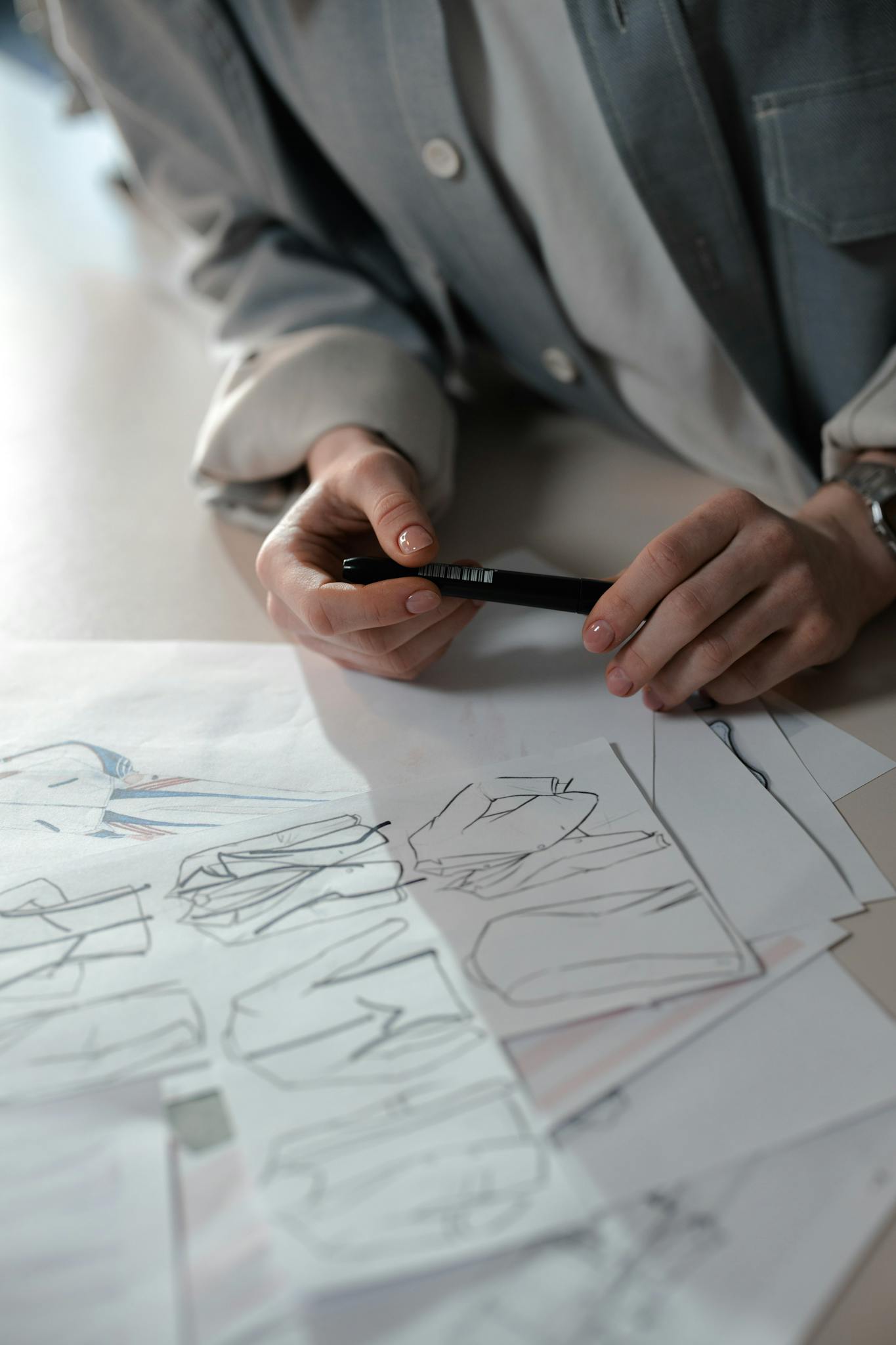 Close-up of a fashion designer's hands sketching clothing designs on paper at a table.